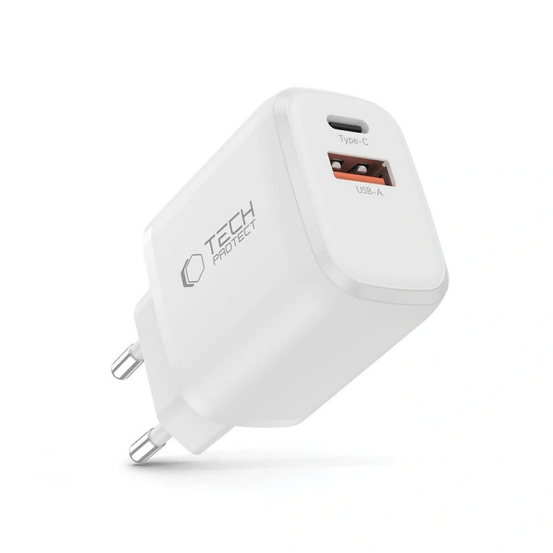 Tech-Protect NCA30 USB-A, USB-C sieninis įkroviklis PD 30W / QC3.0, baltas
