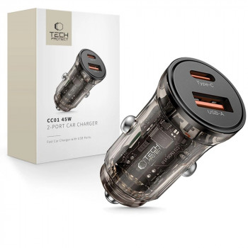 Tech-Protect CC01 2 prievadų automobilinis įkroviklis USB-A / USB-C, PD 45W / QC 3.0, juodas