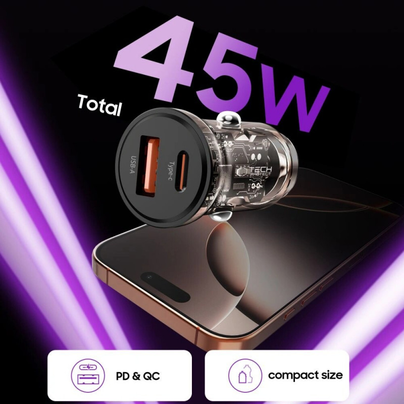 Tech-Protect CC01 2 prievadų automobilinis įkroviklis USB-A / USB-C, PD 45W / QC 3.0, juodas