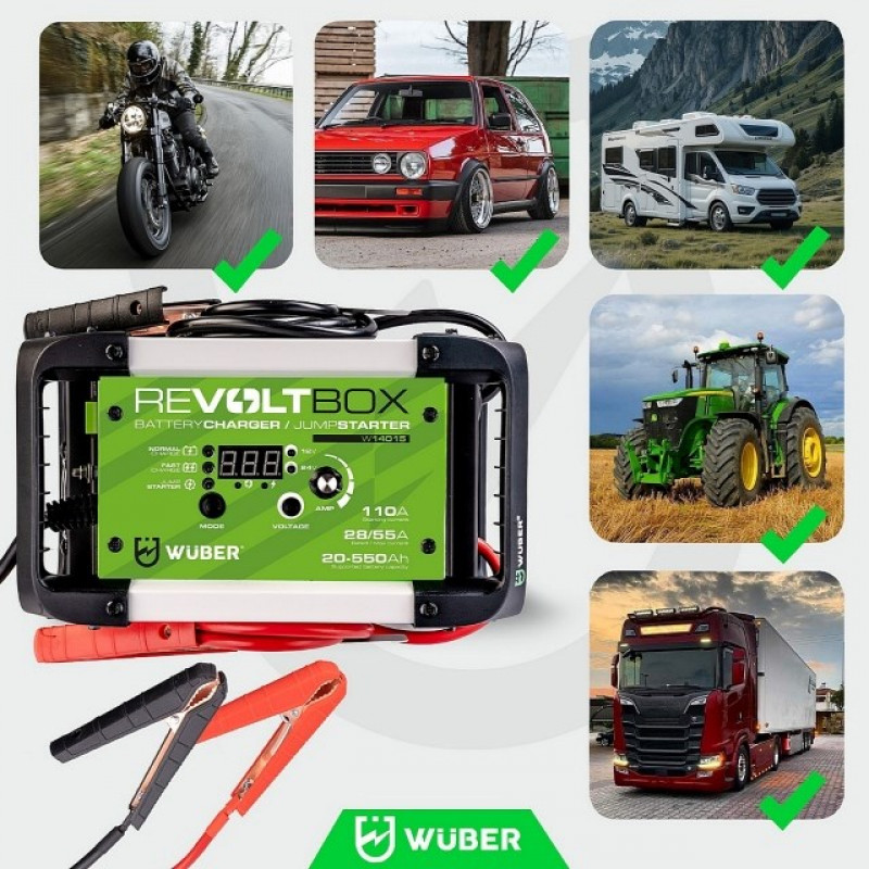 Wuber W14015 automatinis automobilio akumuliatoriaus įkroviklis su paleidimo iš išorės funkcija, 110 A
