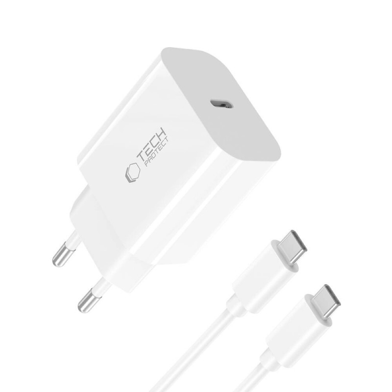 Tech-Protect NC20W 1 prievado USB-C sieninis įkroviklis PD20W su USB-C / USB-C kabeliu, baltas