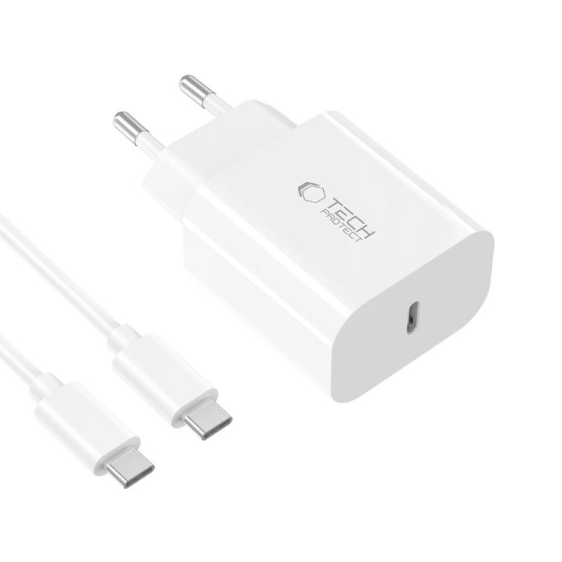 Tech-Protect NC20W 1 prievado USB-C sieninis įkroviklis PD20W su USB-C / USB-C kabeliu, baltas