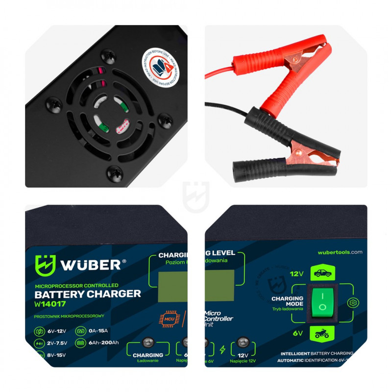 Wuber W14017 mikroprocesorinis akumuliatoriaus įkroviklis, 6-12 V, 15 A
