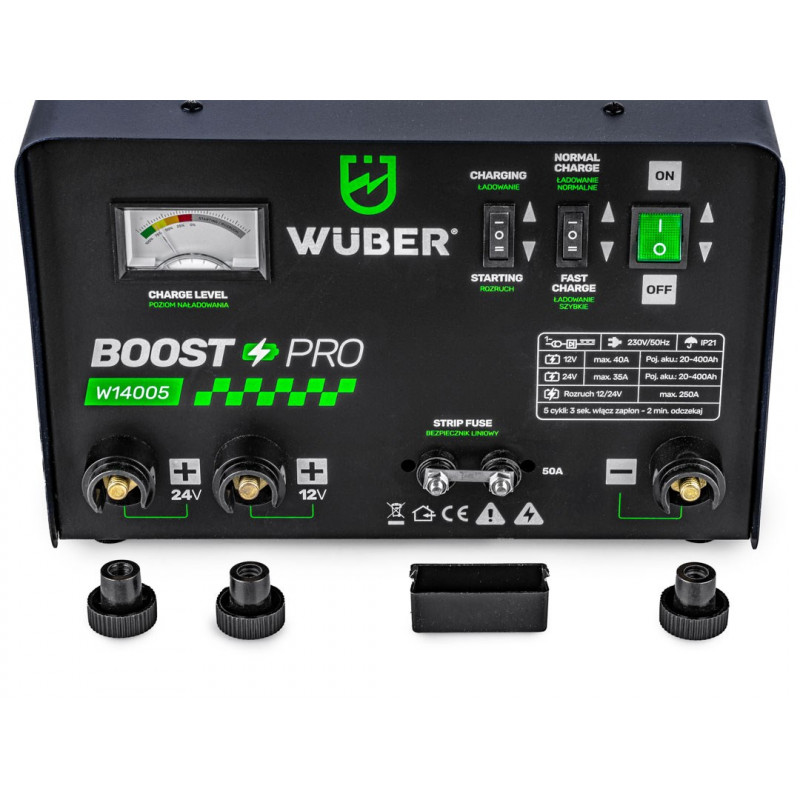 Wuber W14005 automobilio akumuliatoriaus įkroviklis su paleidimo iš išorės funkcija, 40 A, 12 V/24 V