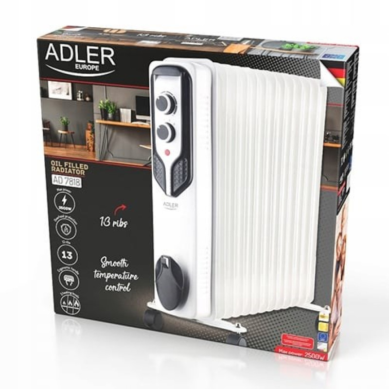 Adler AD 7818 alyva užpildytas radiatorius, 2500 W, 3 galios lygiai, 13 briaunų, baltas