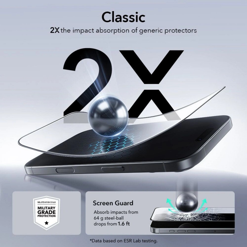 ESR UltraFit grūdintas stiklas, skirtas Apple iPhone 16 Pro / 17, permatomas (2 vnt.) (ESR922)