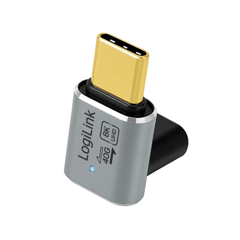 LogiLink AU0063 USB 4 Type-C adapteris 90° U/D, C/M į C/F, 40 Gbps, 240 W, 8K/60 Hz, metalinis, sidabrinis