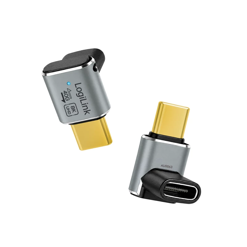 LogiLink AU0063 USB 4 Type-C adapteris 90° U/D, C/M į C/F, 40 Gbps, 240 W, 8K/60 Hz, metalinis, sidabrinis