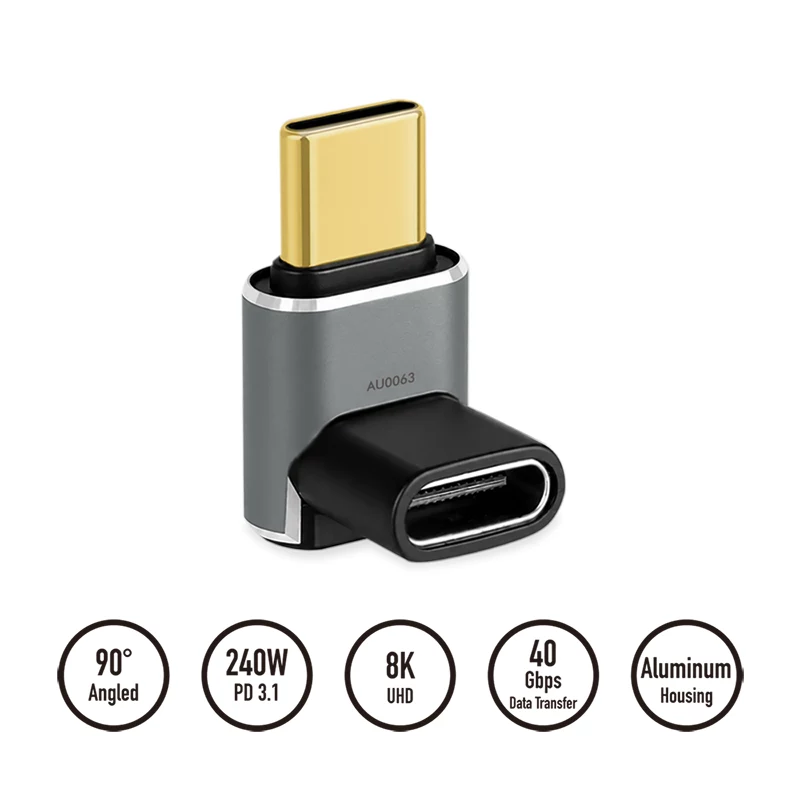 LogiLink AU0063 USB 4 Type-C adapteris 90° U/D, C/M į C/F, 40 Gbps, 240 W, 8K/60 Hz, metalinis, sidabrinis