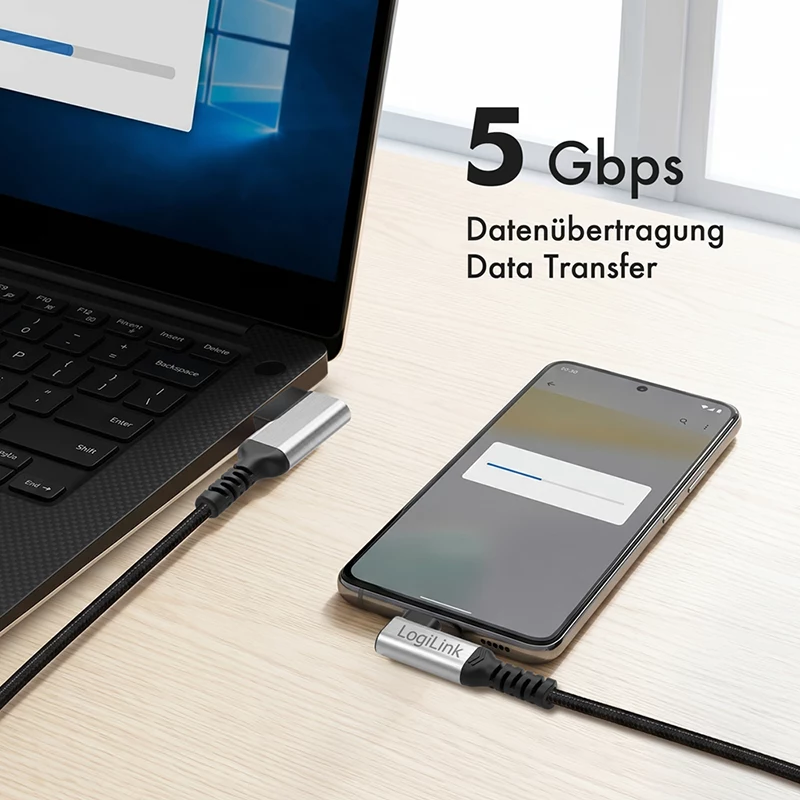 LogiLink CU0471 USB 3.2 Gen1 Type-C kabelis, A/M 90° į C/M 90°, 5 Gbps, 60 W, metalinis, sidabrinis/juodas, 1 m