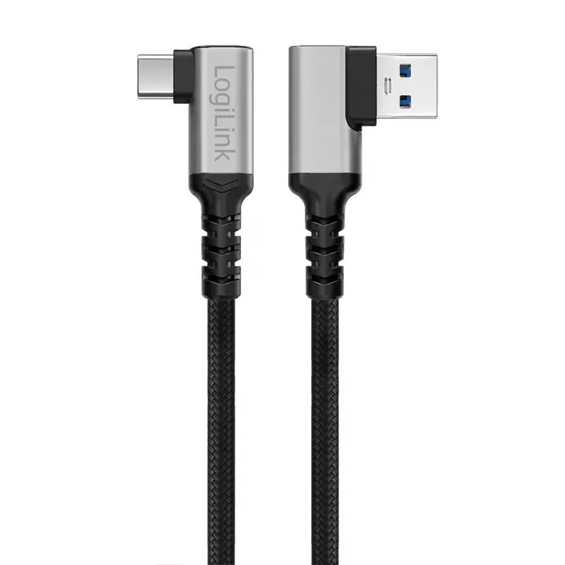 LogiLink CU0473 USB 3.2 Gen1 Type-C kabelis, A/M 90° į C/M 90°, 5 Gbps, 60 W, metalinis, sidabrinis/juodas, 2 m