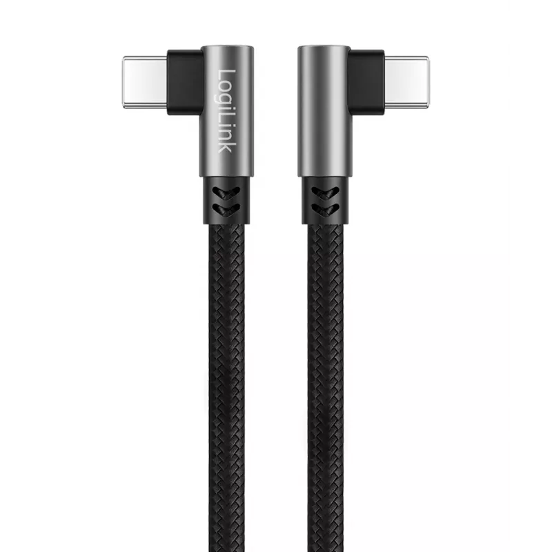 LogiLink CU0463 USB 2.0 Type-C kabelis, C/M 90° į C/M 90°, 480 Mbps, 100W, metalinis, sidabrinis/juodas, 3 m