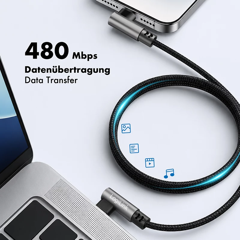 LogiLink CU0463 USB 2.0 Type-C kabelis, C/M 90° į C/M 90°, 480 Mbps, 100W, metalinis, sidabrinis/juodas, 3 m