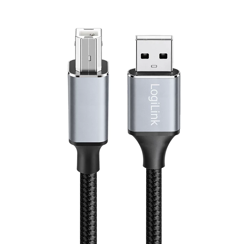 Logilink CU0107 USB 2.0 kabelis, USB-A/M į USB-B/M, 480 Mbps, nailonas, metalas, juodas/sidabrinis, 2 m