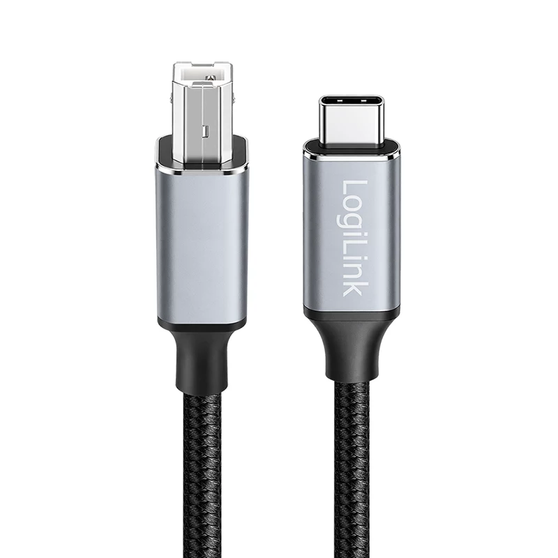 Logilink CU0515 USB 2.0 Type-C kabelis, C/M į B/M, 480 Mbps, nailonas, metalas, juodas/sidabrinis, 2 m
