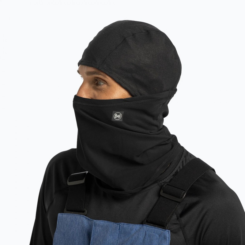 BUFF Tech Fleece balaklava su atverčiama dalimi, vientisa juoda