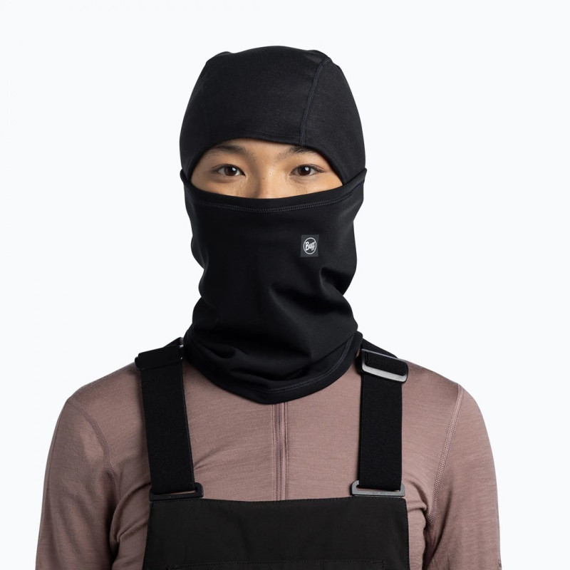 BUFF Tech Fleece balaklava su atverčiama dalimi, vientisa juoda