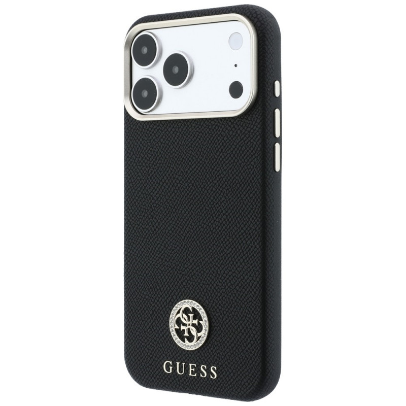 Guess GUE005537-0 Grained Round Strass Logo MagSafe dėklas, skirtas Apple iPhone 18 Pro Max / 17 Pro Max, juodas