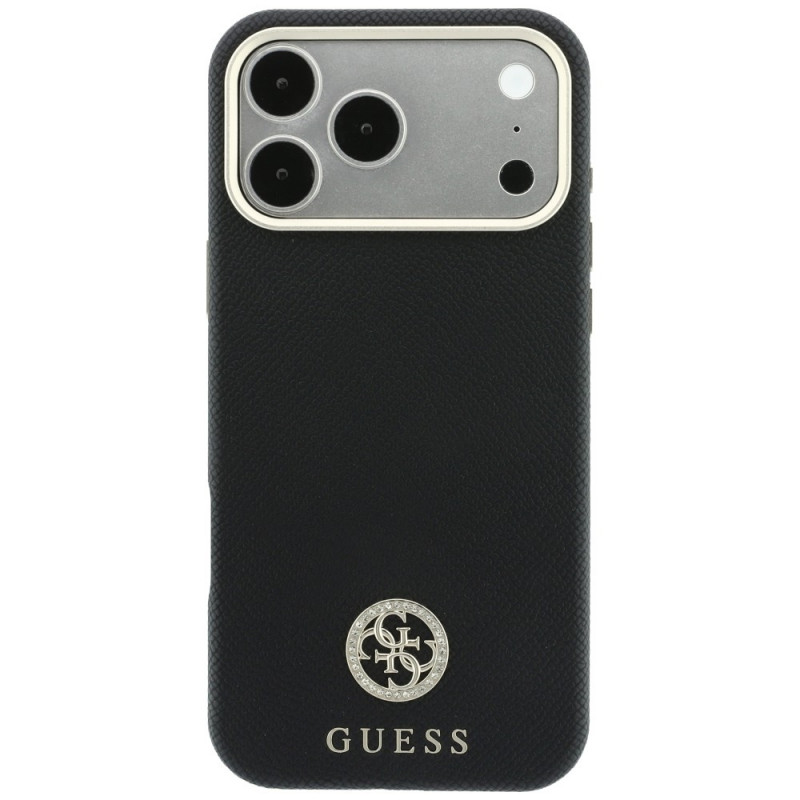Guess GUE005537-0 Grained Round Strass Logo MagSafe dėklas, skirtas Apple iPhone 18 Pro Max / 17 Pro Max, juodas
