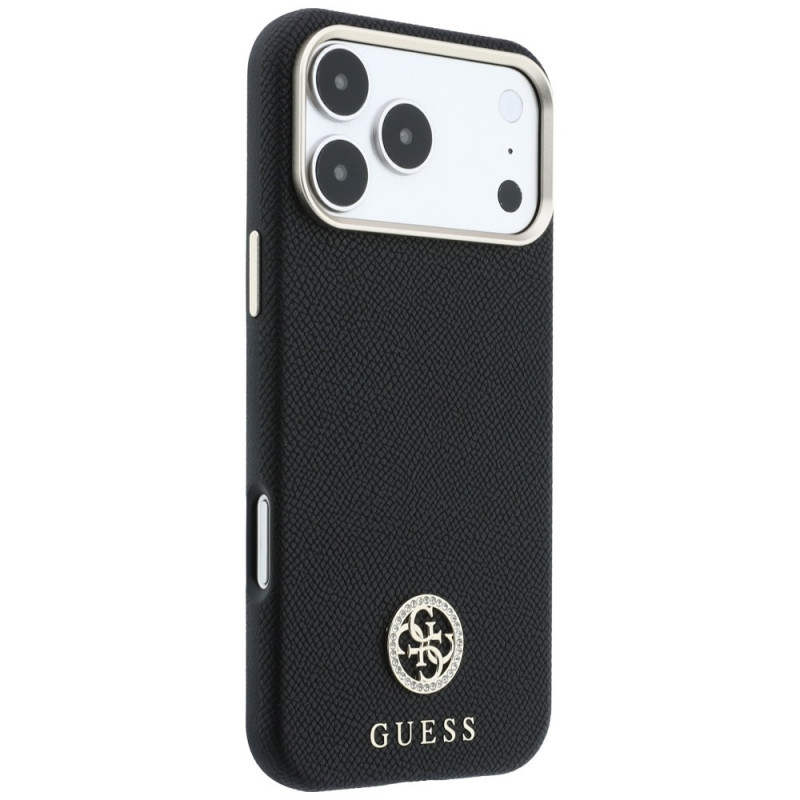 Guess GUE005537-0 Grained Round Strass Logo MagSafe dėklas, skirtas Apple iPhone 18 Pro Max / 17 Pro Max, juodas