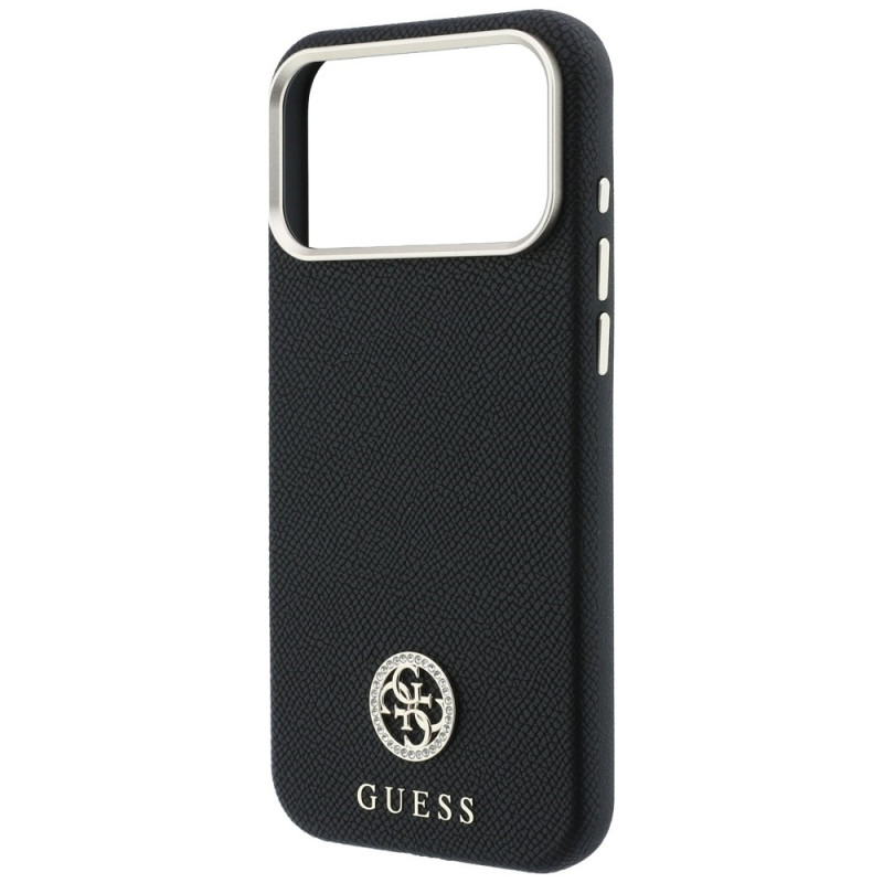 Guess GUE005537-0 Grained Round Strass Logo MagSafe dėklas, skirtas Apple iPhone 18 Pro Max / 17 Pro Max, juodas