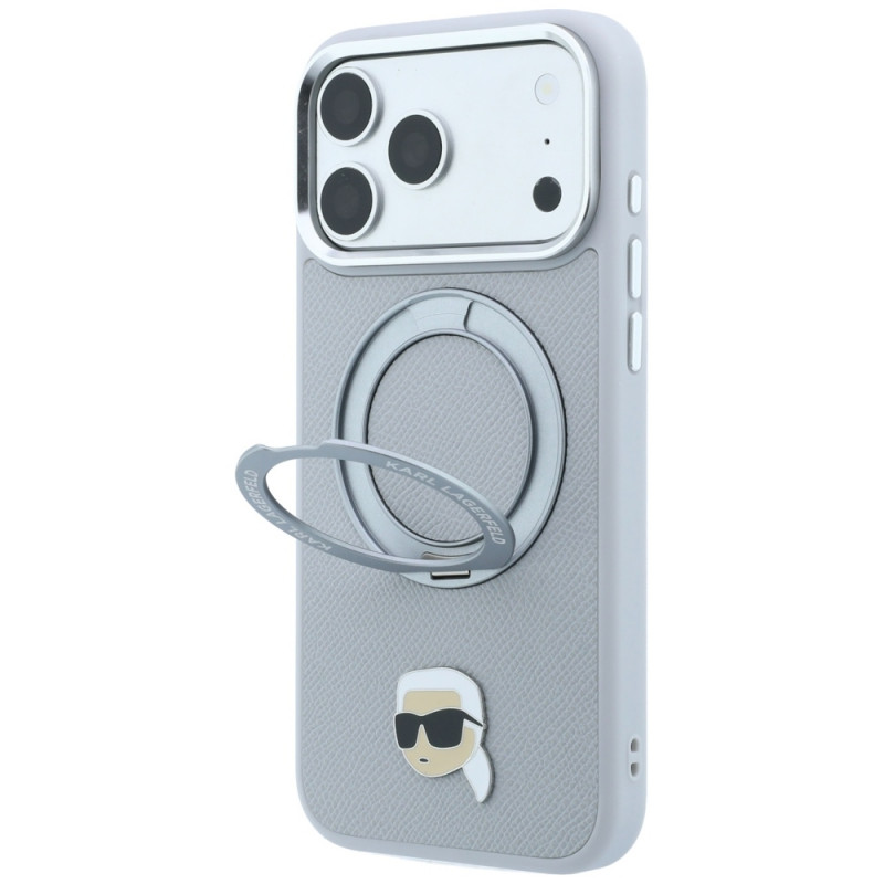 Dėklas Karl Lagerfeld with Ring Stand 360 Karl Head Pin MagSafe Apple iPhone 18 Pro Max / 17 Pro Max, pilkas (KF003236)