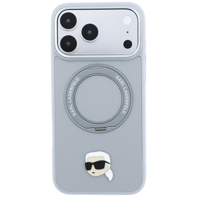 Dėklas Karl Lagerfeld with Ring Stand 360 Karl Head Pin MagSafe Apple iPhone 18 Pro Max / 17 Pro Max, pilkas (KF003236)