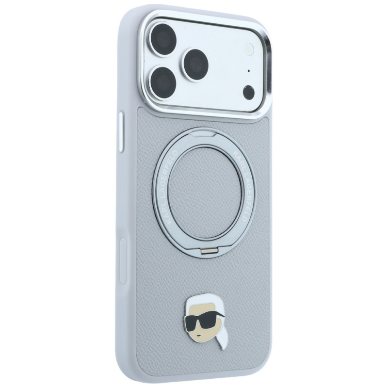 Dėklas Karl Lagerfeld with Ring Stand 360 Karl Head Pin MagSafe Apple iPhone 18 Pro Max / 17 Pro Max, pilkas (KF003236)
