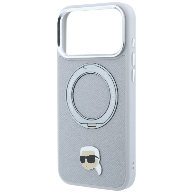 Dėklas Karl Lagerfeld with Ring Stand 360 Karl Head Pin MagSafe Apple iPhone 18 Pro Max / 17 Pro Max, pilkas (KF003236)