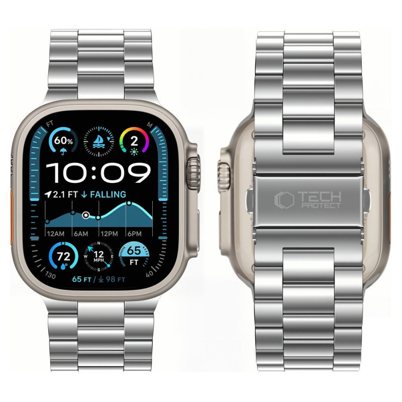 Tech-Protect Stainless nerūdijančio plieno dirželis, skirtas Apple Watch 8 / 9 / 10 / 11 / 12 / SE / Ultra (44 / 45 / 46 / 49 mm), sidabrinis