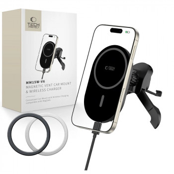 Tech-Protect MM15W-V6 magnetinis MagSafe stabilus automobilinis laikiklis į ventiliacijos groteles su 15W belaidžiu įkrovikliu, juodas