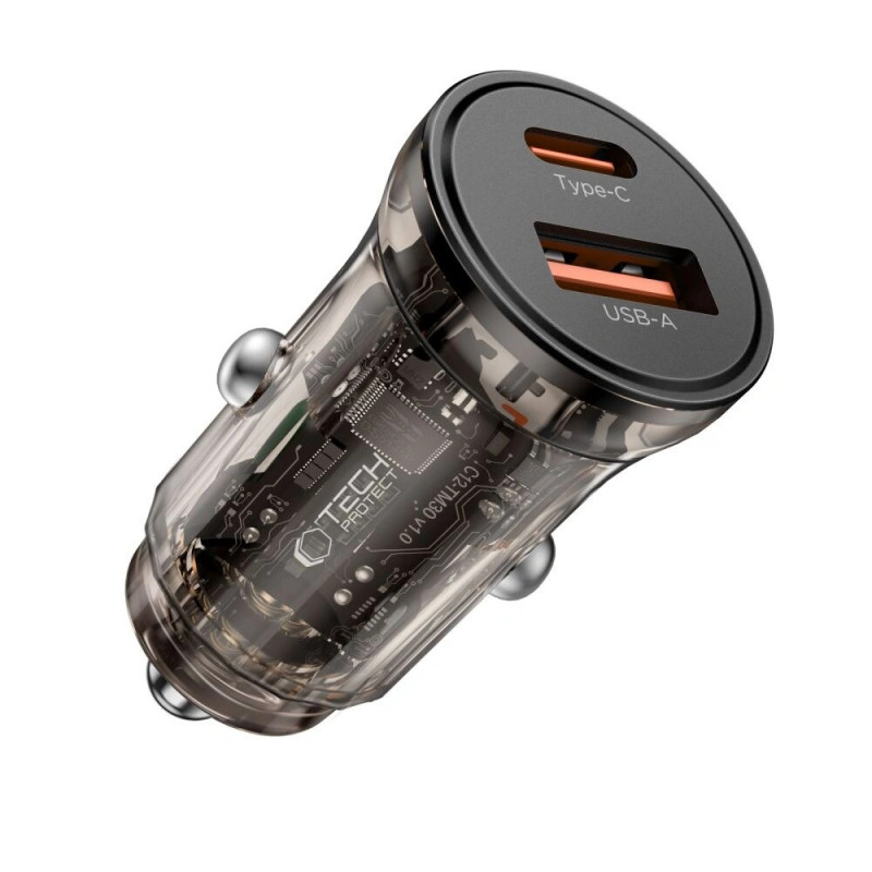 Tech-Protect CC01 2 prievadų automobilinis įkroviklis USB-A / USB-C, PD 30W / QC 3.0, juodas