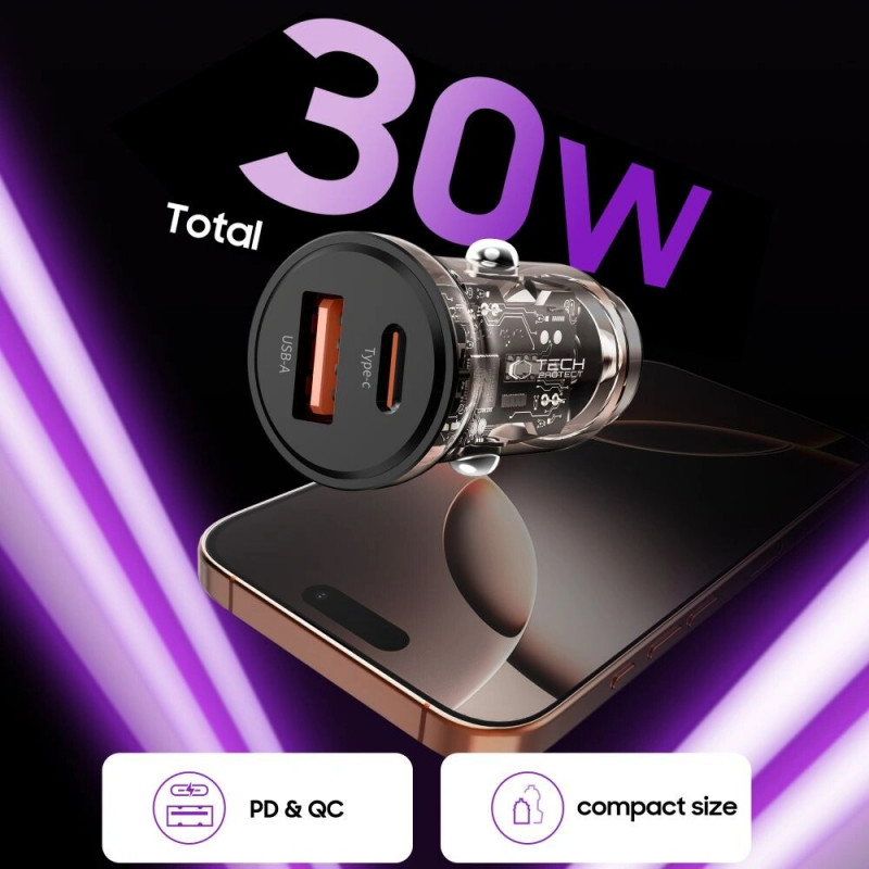 Tech-Protect CC01 2 prievadų automobilinis įkroviklis USB-A / USB-C, PD 30W / QC 3.0, juodas