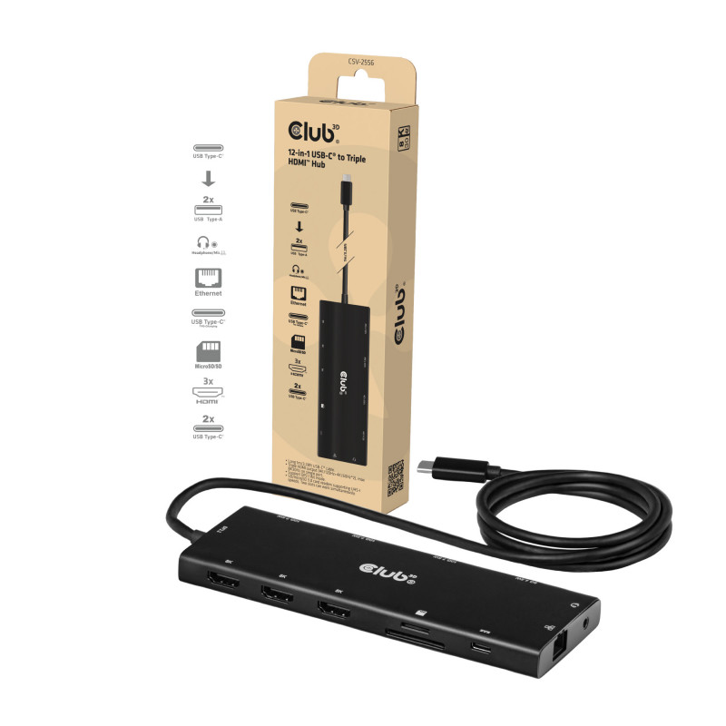 Club 3D CSV-2556 USB-C 12 viename šakotuvas, 3x HDMI/3x USB-C/USB/LAN, 8K30Hz, PD 140W