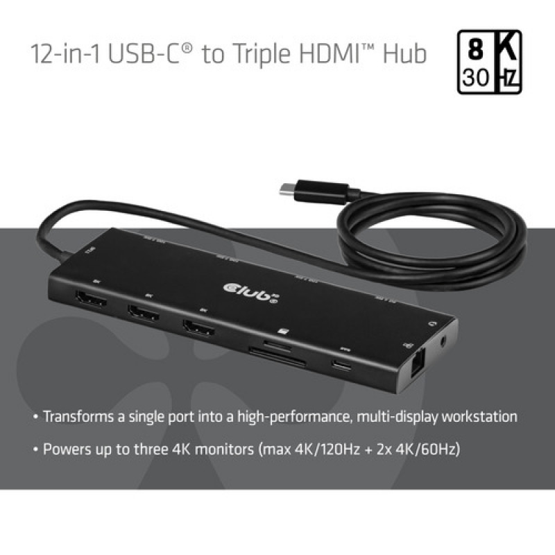 Club 3D CSV-2556 USB-C 12 viename šakotuvas, 3x HDMI/3x USB-C/USB/LAN, 8K30Hz, PD 140W