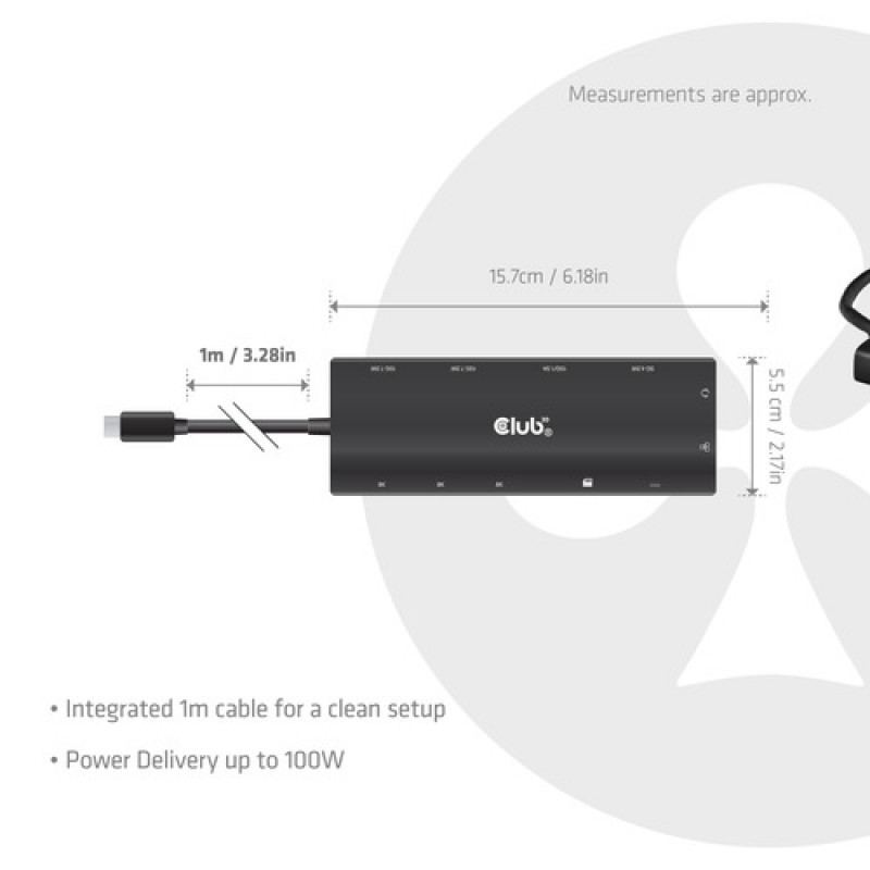 Club 3D CSV-2556 USB-C 12 viename šakotuvas, 3x HDMI/3x USB-C/USB/LAN, 8K30Hz, PD 140W