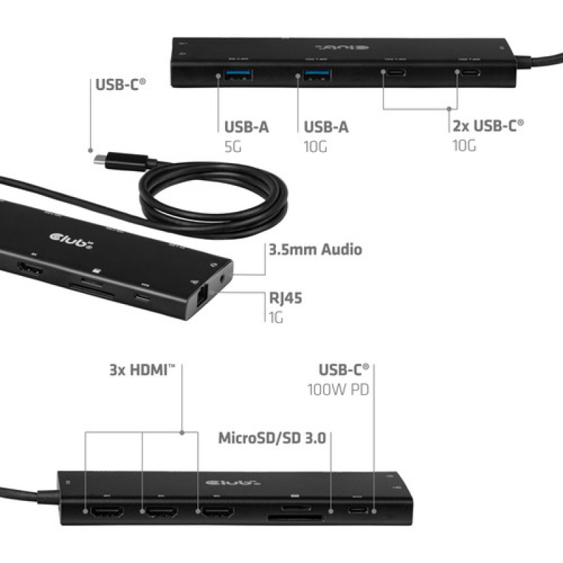 Club 3D CSV-2556 USB-C 12 viename šakotuvas, 3x HDMI/3x USB-C/USB/LAN, 8K30Hz, PD 140W