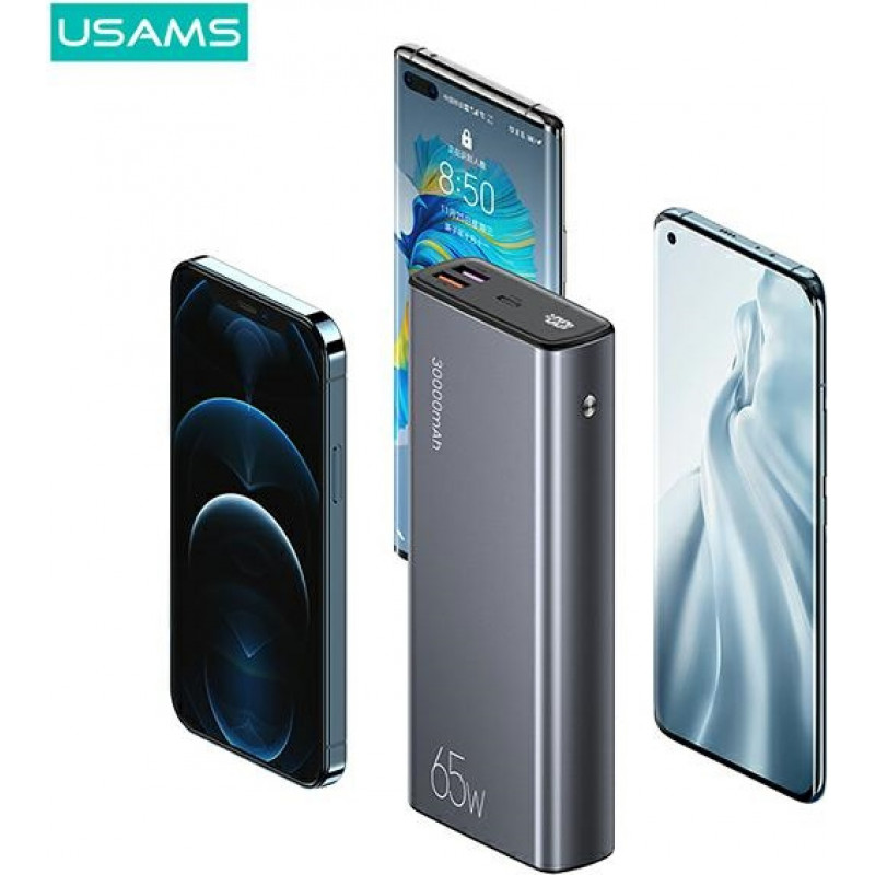 USAMS PB59 US-CD165 nešiojamasis akumuliatorius 30000 mAh, 65 W, 2x QC3.0 + PD, juodas, su USB-C į USB-C kabeliu