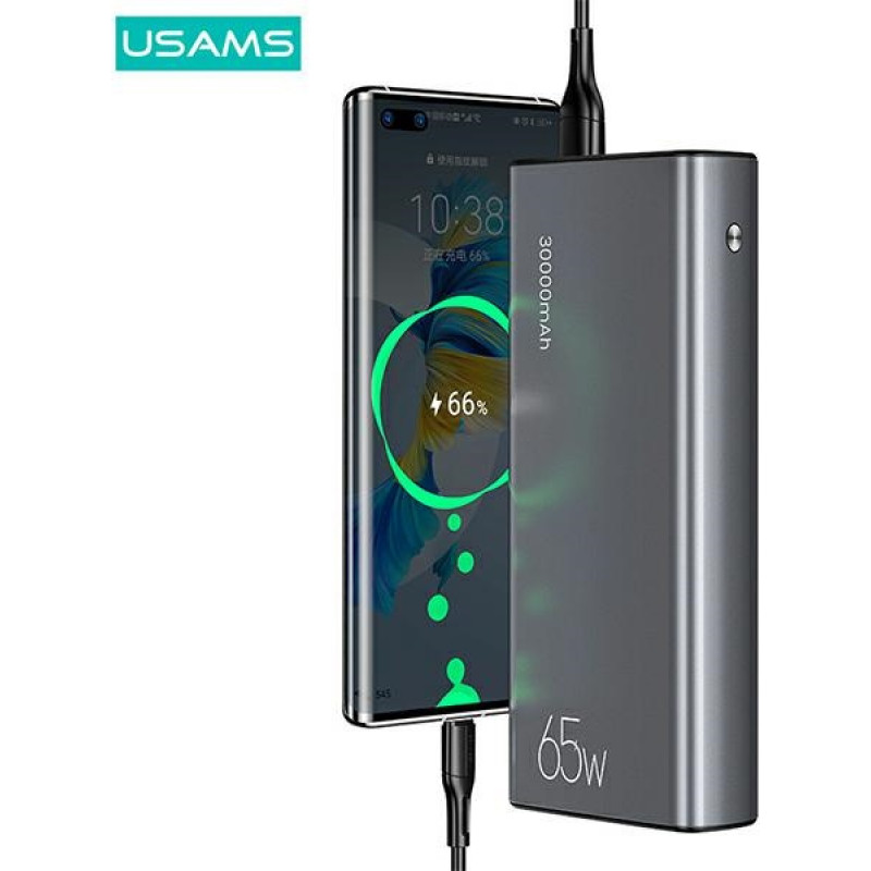 USAMS PB59 US-CD165 nešiojamasis akumuliatorius 30000 mAh, 65 W, 2x QC3.0 + PD, juodas, su USB-C į USB-C kabeliu