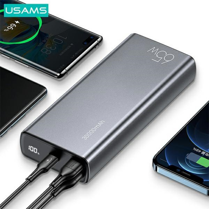 USAMS PB59 US-CD165 nešiojamasis akumuliatorius 30000 mAh, 65 W, 2x QC3.0 + PD, juodas, su USB-C į USB-C kabeliu
