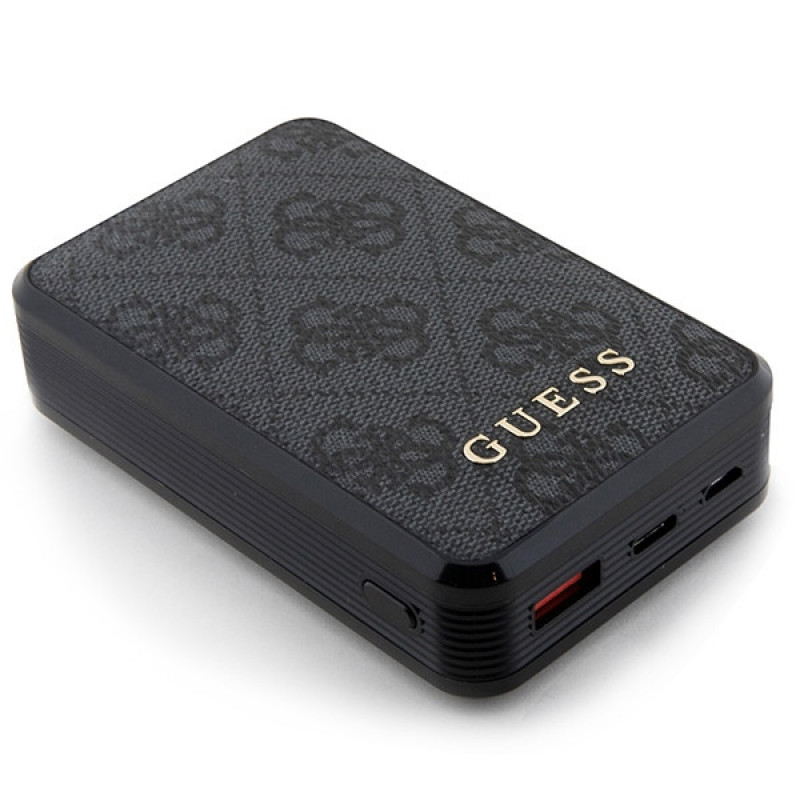 Guess GUPB10DP4GEGK nešiojamasis įkroviklis 10000 mAh, 18 W, 4G Leather Metal Logo, juodas