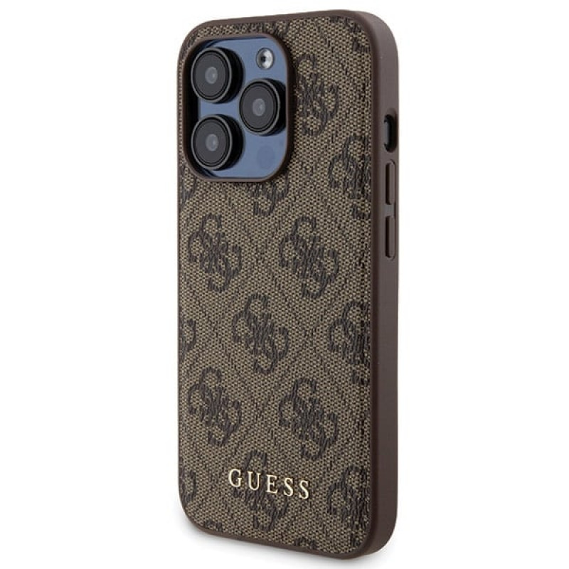Guess GUBPM5P15X4GEMGW kietasis dėklas, skirtas Apple iPhone 15 Pro Max + 5000 mAh MagSafe belaidis įkroviklis, 4G Metal Logo, rudas