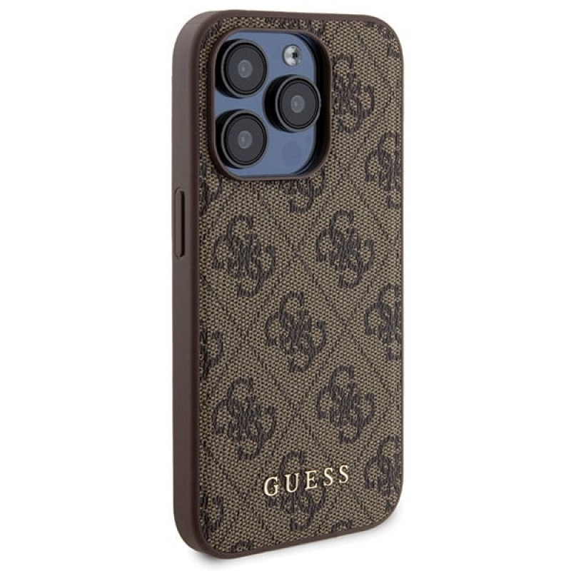 Guess GUBPM5P15X4GEMGW kietasis dėklas, skirtas Apple iPhone 15 Pro Max + 5000 mAh MagSafe belaidis įkroviklis, 4G Metal Logo, rudas