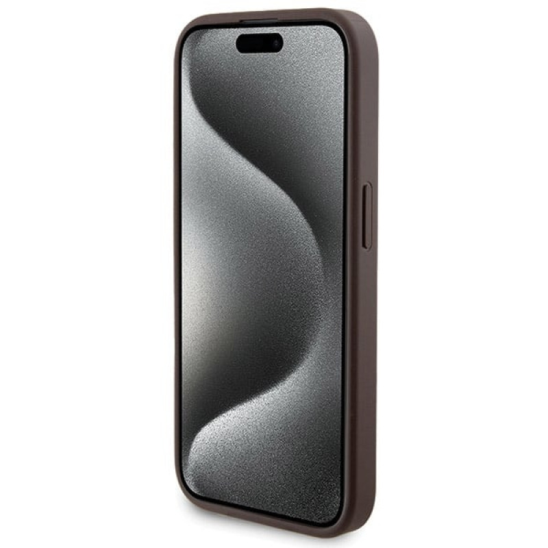 Guess GUBPM5P15X4GEMGW kietasis dėklas, skirtas Apple iPhone 15 Pro Max + 5000 mAh MagSafe belaidis įkroviklis, 4G Metal Logo, rudas