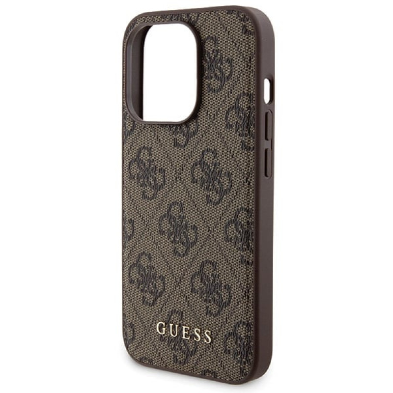 Guess GUBPM5P15X4GEMGW kietasis dėklas, skirtas Apple iPhone 15 Pro Max + 5000 mAh MagSafe belaidis įkroviklis, 4G Metal Logo, rudas