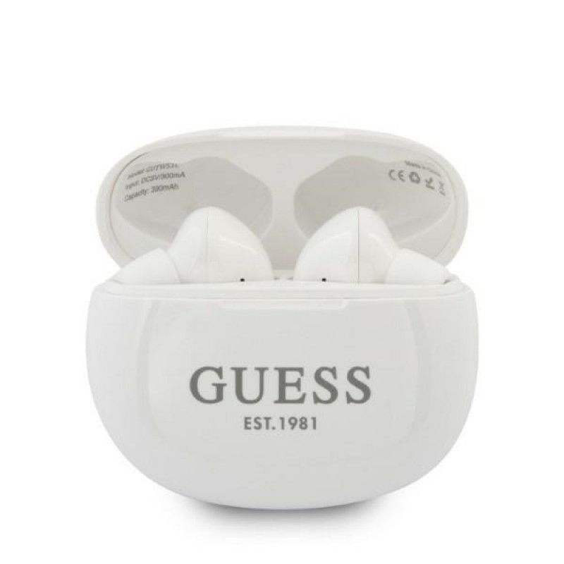 Guess GUTWS1CWHTWS belaidės ausinukai su prijungimo stotele, Bluetooth 5.0, balti