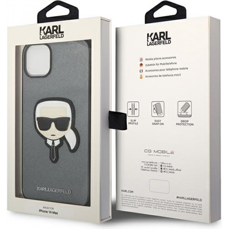 Karl Lagerfeld KLHCP14SSAPKHG kietasis dėklas Apple iPhone 14, Saffiano Karl's Head Patch, sidabrinis