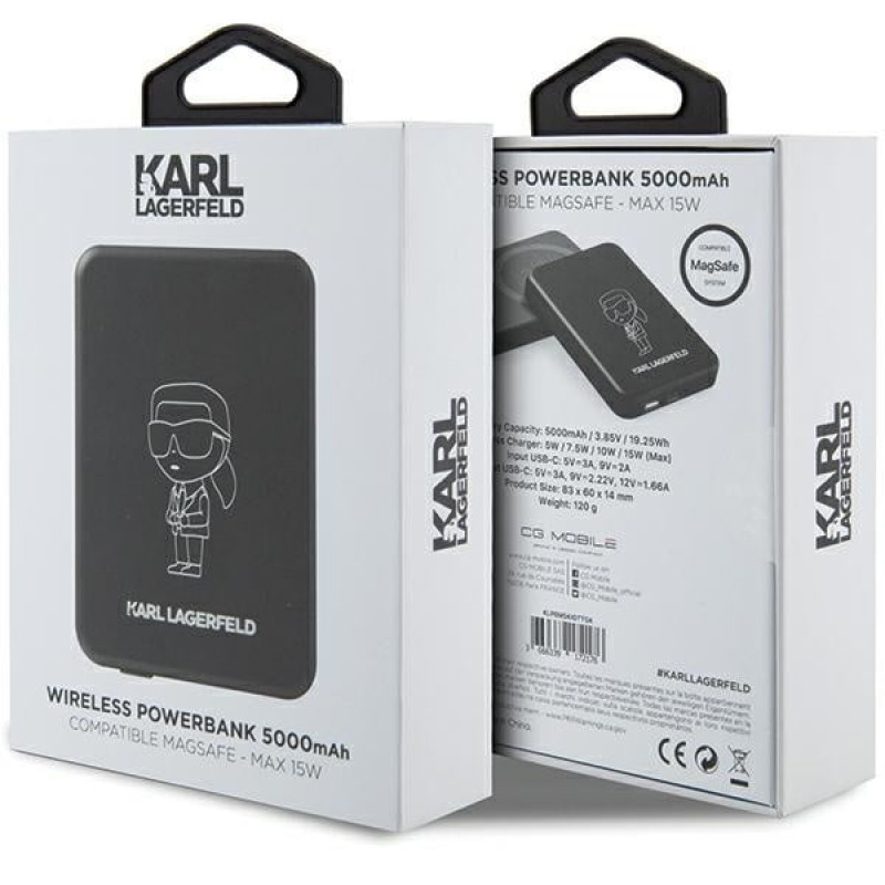 Karl Lagerfeld KLPBM5KIOTTGK indukcinis išorinis akumuliatorius 5000 mAh 15W, Outline Ikonik, MagSafe, juodas