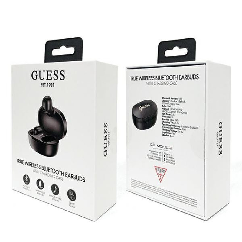 Guess GUTWST30BK belaidės TWS ausinukai su prijungimo stotele, Bluetooth 5.0, juodi