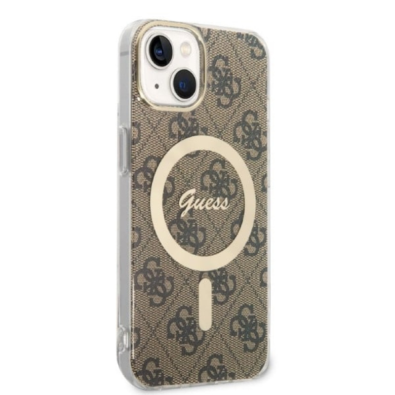 Guess GUBPP14SH4EACSW kietas dėklas Apple iPhone 14 + belaidis įkroviklis, 4G Print, MagSafe, rudas